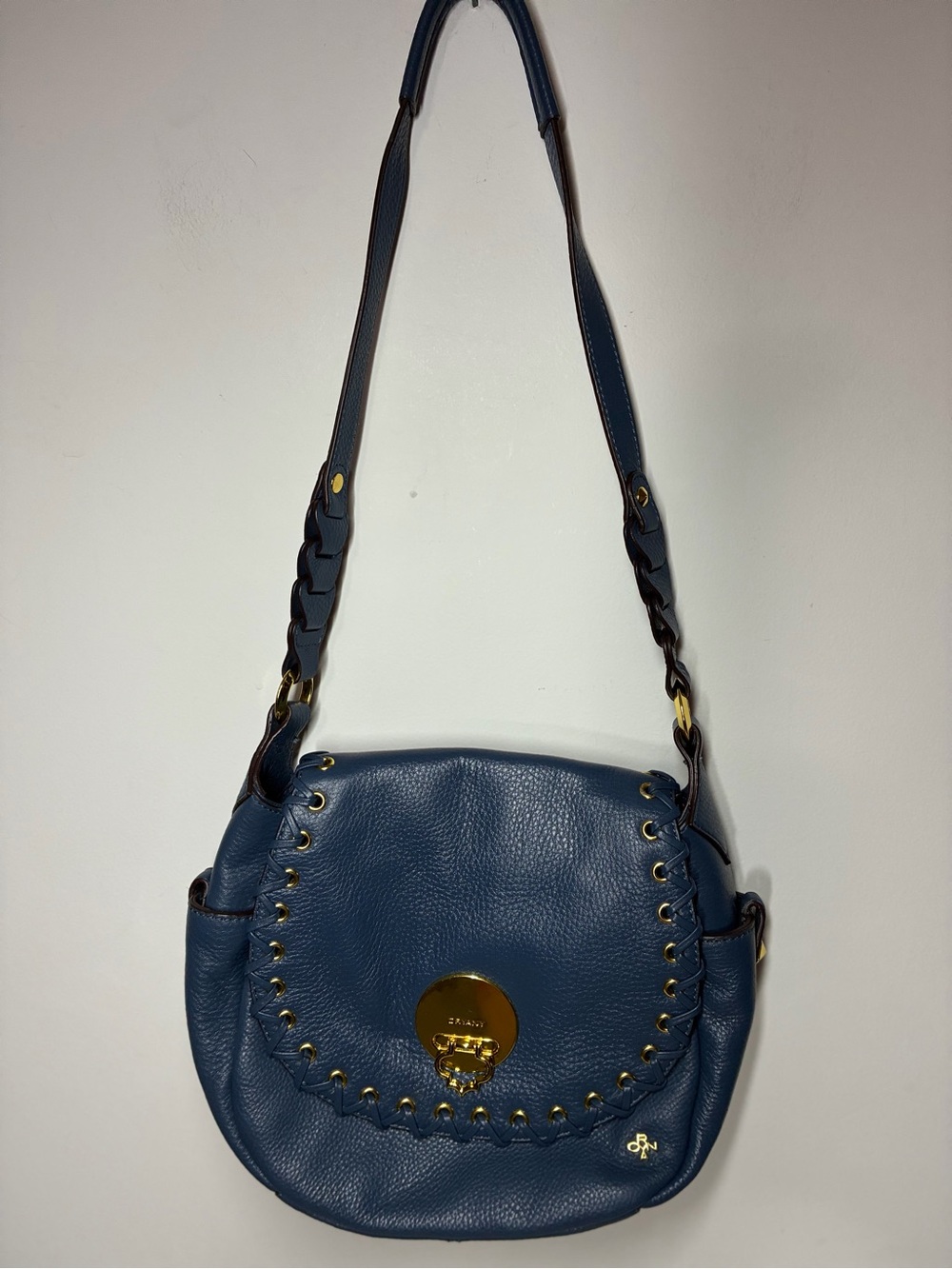 orYANY Navy Blue Leather Shoulder Bag with Gold Hardware